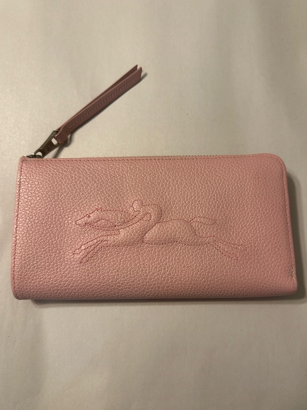 Longchamp Embossed Jockey Logo Leather L-Zip Wallet - Baby Pink Color